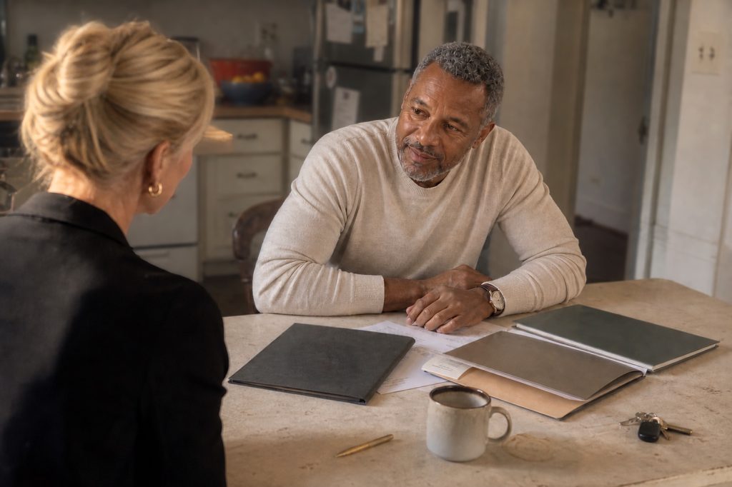 Moving quotes on a kitchen table during a consultation